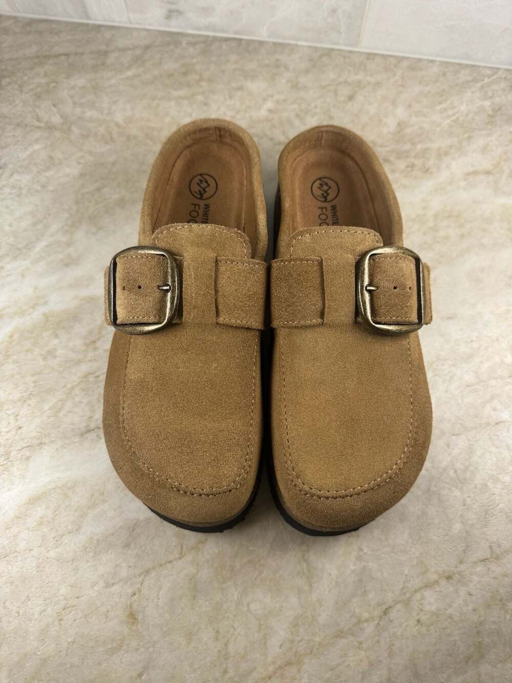 NWOT White Mountain Bueno Suede Buckle Clogs Tan Slip On Mules Womens Size 7M - Picture 2 of 11